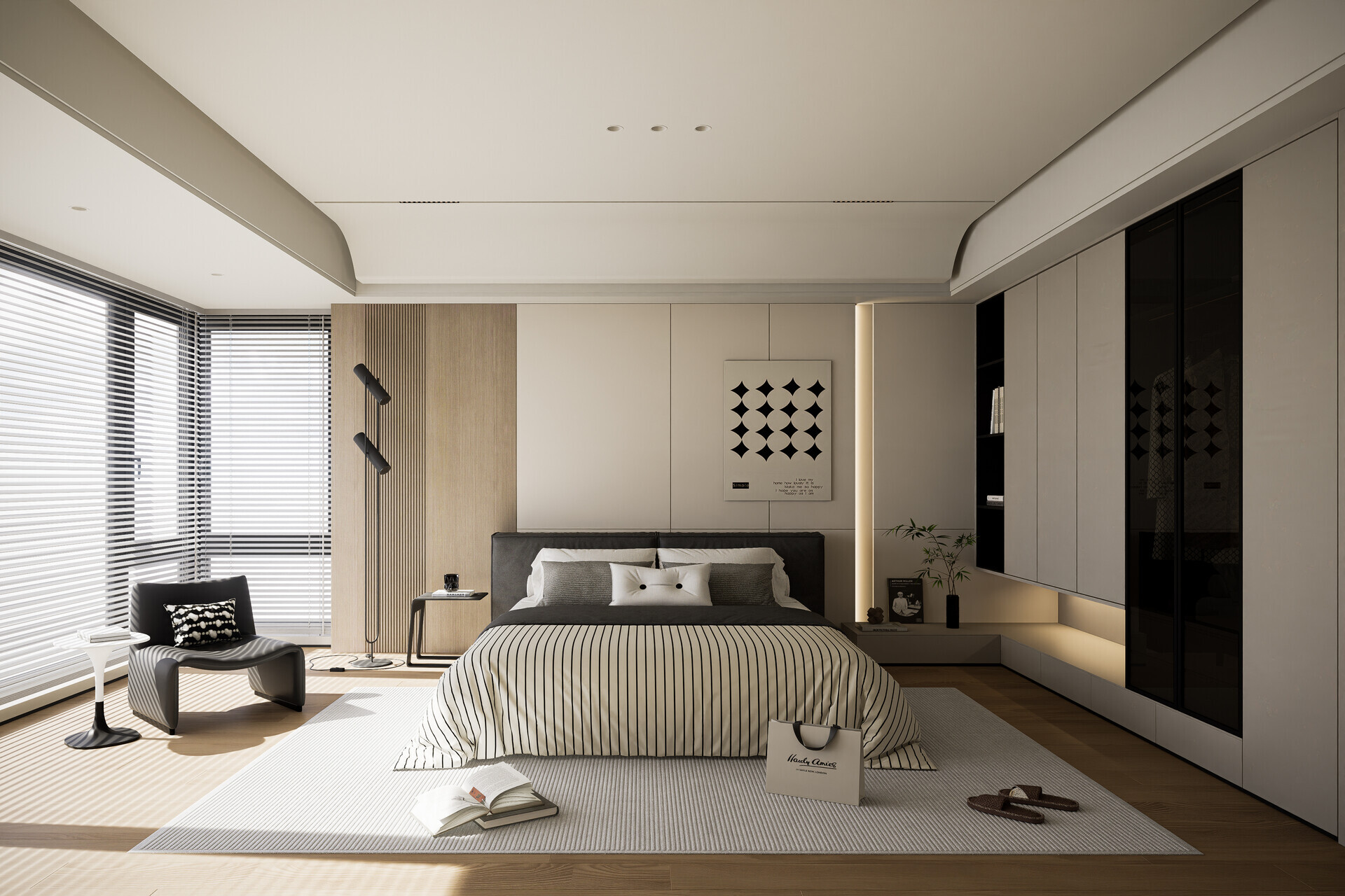 Detailed view of bedroom storage and design elements